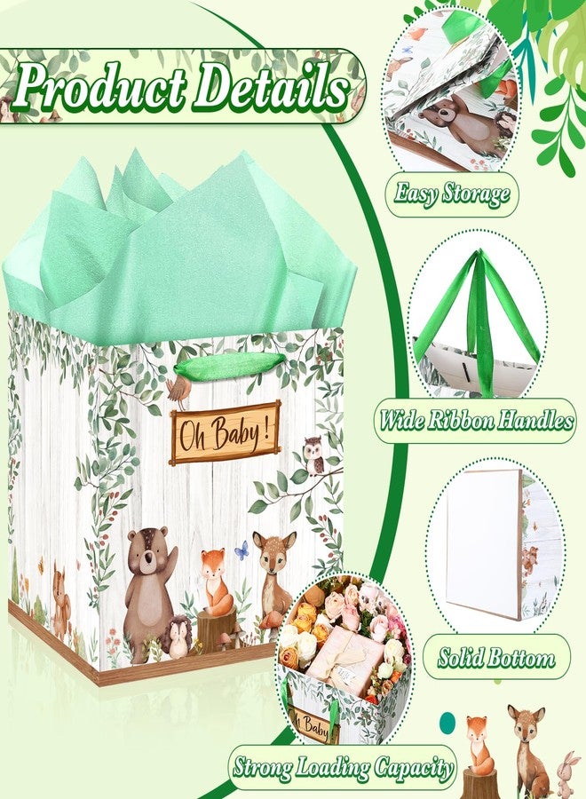 Woosytoo Extra Large Baby Gift Bag, Woodland Animal Square Gift Bag Sage Green Baby Shower Jumbo Gifts Bag with Handles and Tissue Papers Oh Baby Wrapping Paper Bag for New Parents Gender Reveal Party Favors - Image 3
